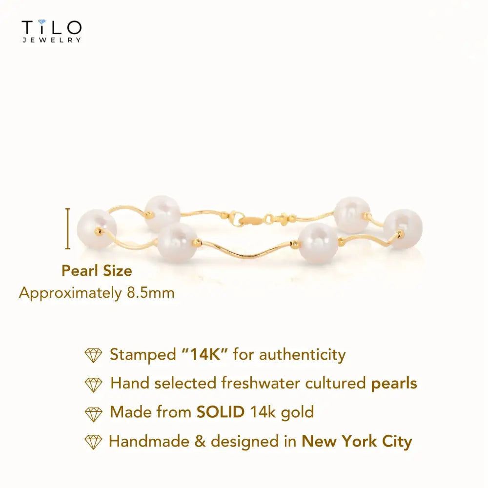 14K Gold Freshwater Pearl Bracelet, with Hand Engraved Diamond-Cut Details