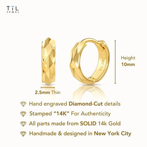 14K Gold Hand Engraved Huggies, Dainty 10Mm Minimalist Gold Earrings, Available in 14K Yellow or White Gold, Handmade by TILO Jewelry