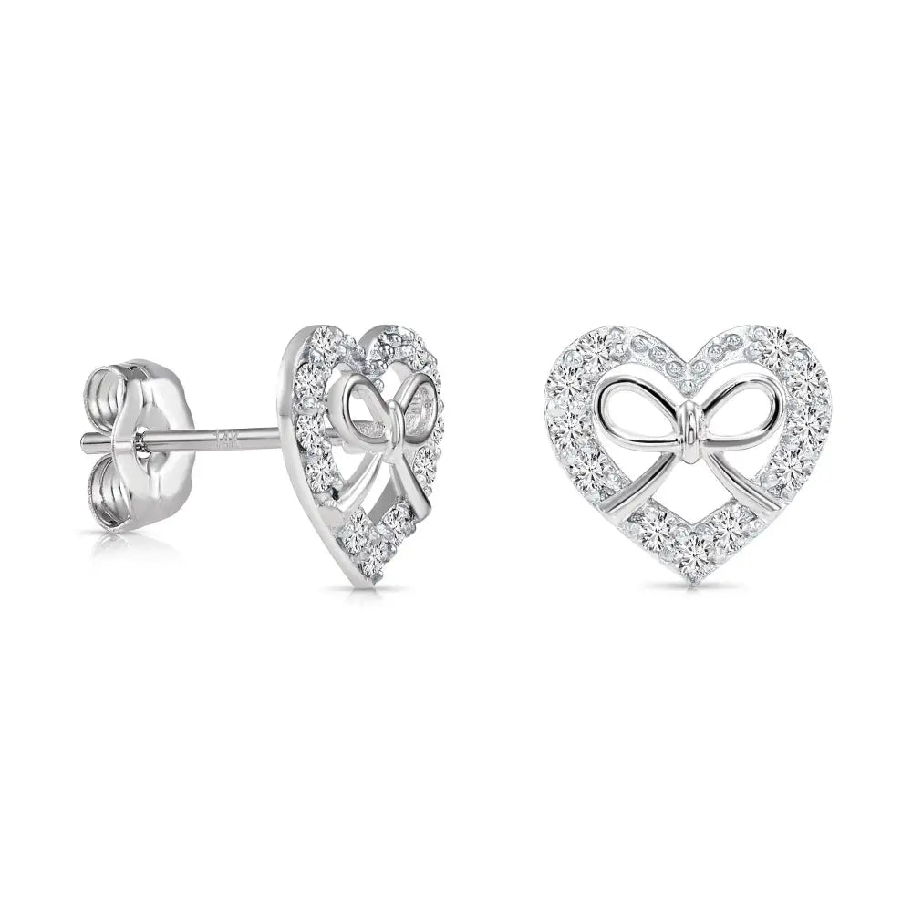 14K Gold Lab Diamond Heart & Bow Stud Earrings with Pushbacks, 0.20Ctw
