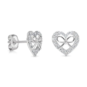 14K Gold Lab Diamond Heart & Bow Stud Earrings with Pushbacks, 0.20Ctw