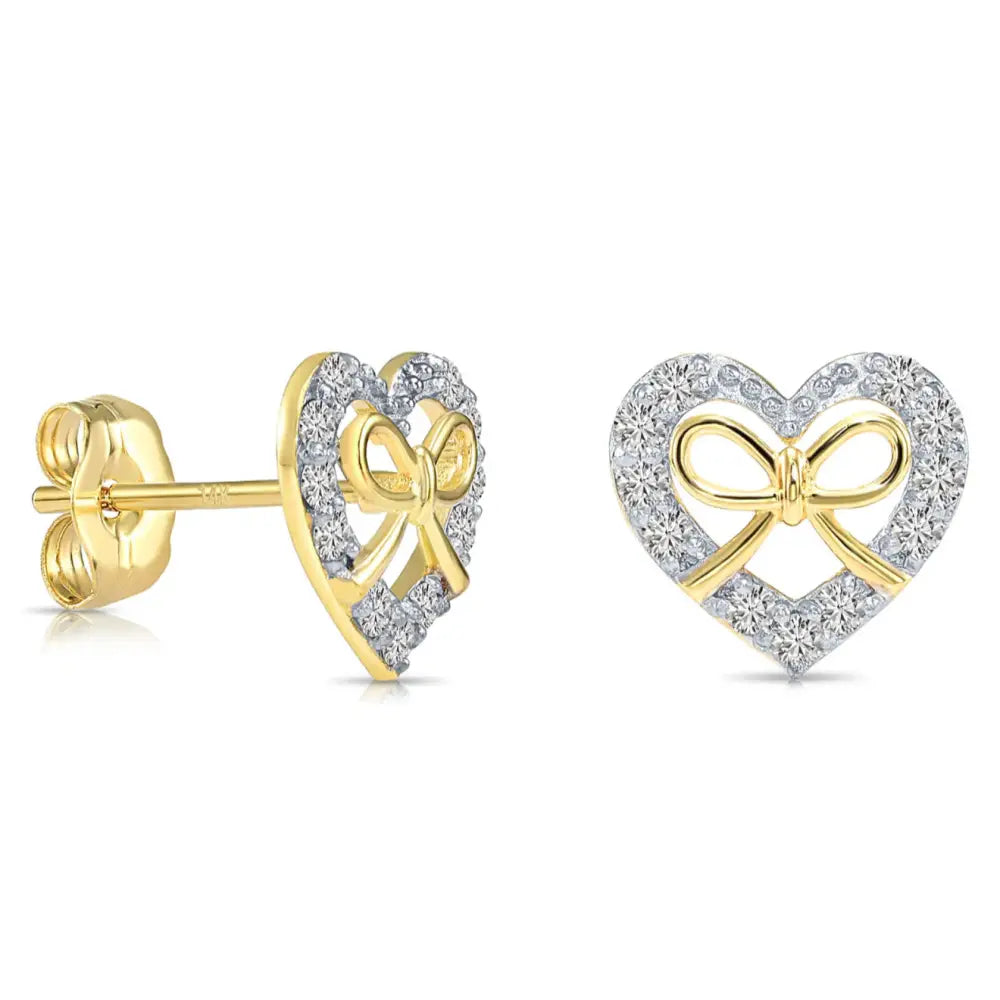 14K Gold Lab Diamond Heart & Bow Stud Earrings with Pushbacks, 0.20Ctw