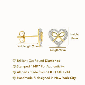 14K Gold Lab Diamond Heart & Bow Stud Earrings with Pushbacks, 0.20Ctw