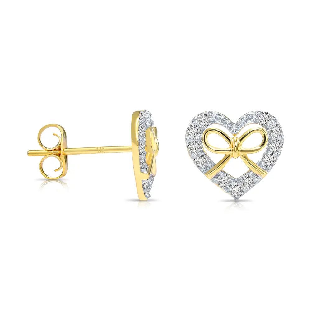 14K Gold Lab Diamond Heart & Bow Stud Earrings with Pushbacks, 0.20Ctw