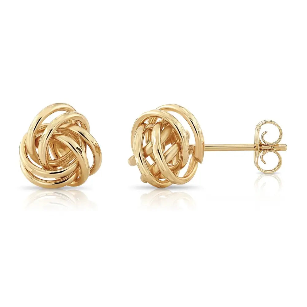 14K Gold Love Knot Stud Earrings with Hand Engraved Diamond Cuts, 9Mm, Pushback Studs
