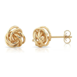 14K Gold Love Knot Stud Earrings with Hand Engraved Diamond Cuts, 9Mm, Pushback Studs