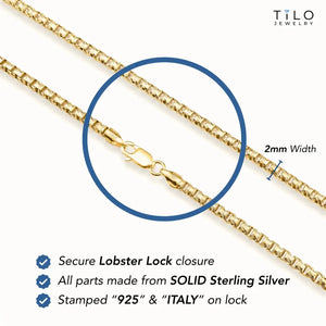 14K Gold Plated Italian Box Chain Bracelet, Solid Sterling Silver, with Lobster Lock