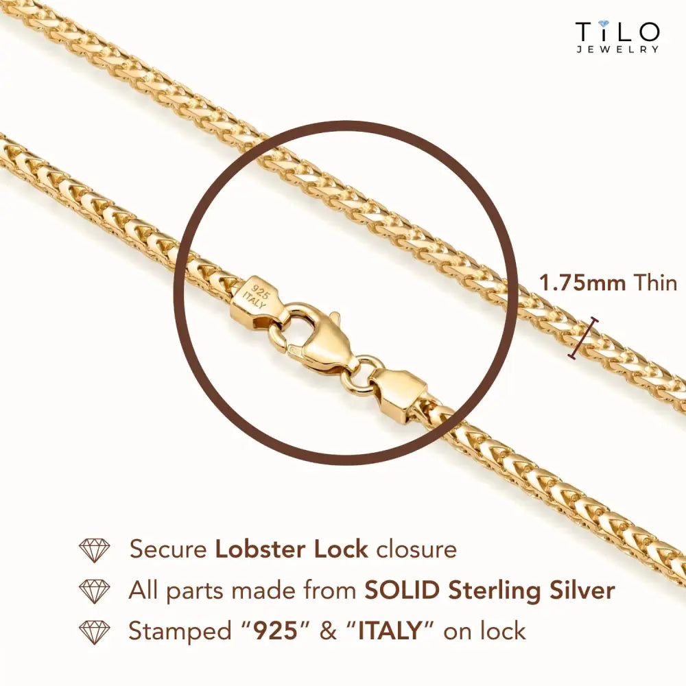 14K Gold Plated Italian Franco Chain Bracelet, Solid Sterling Silver, with Lobster Lock, 7 Inches