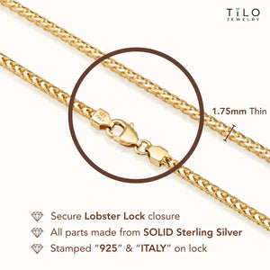 14K Gold Plated Italian Franco Chain Bracelet, Solid Sterling Silver, with Lobster Lock, 7 Inches
