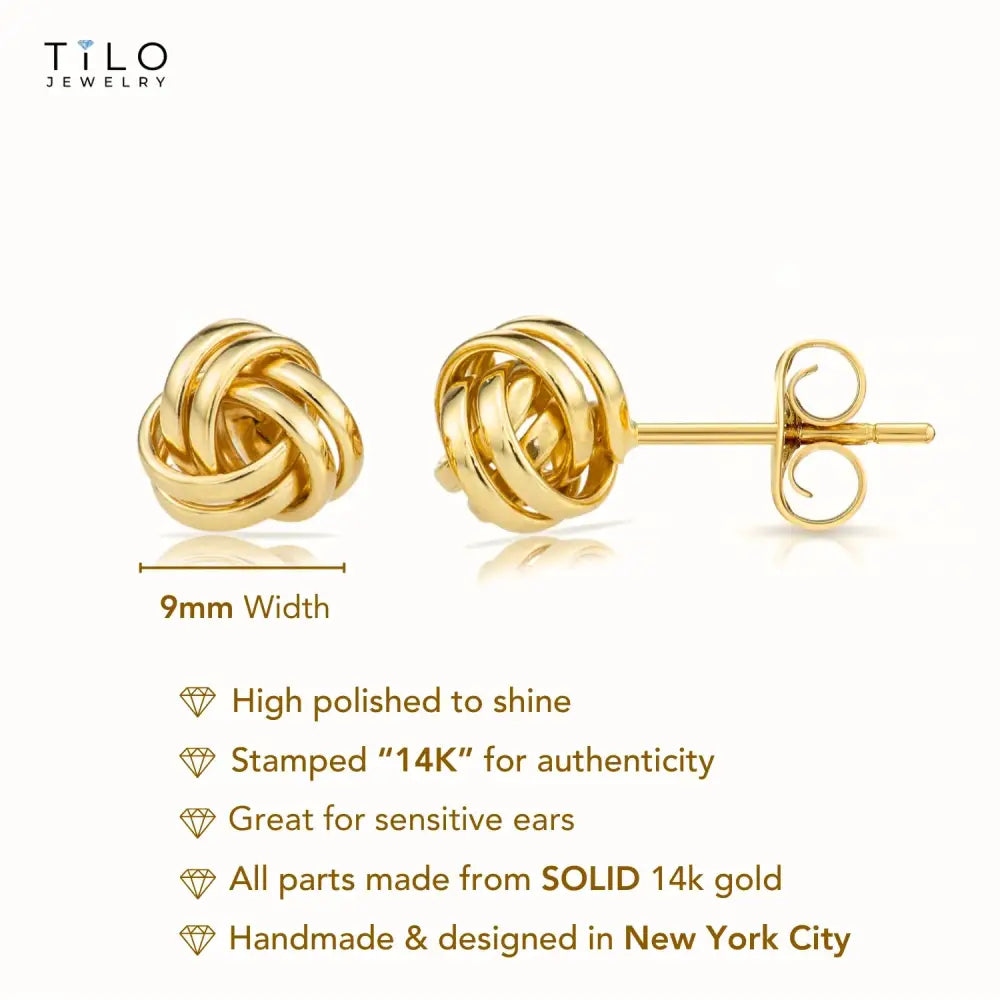 14K Gold Polished Love Knot Stud Earrings, 9Mm, Pushback Studs