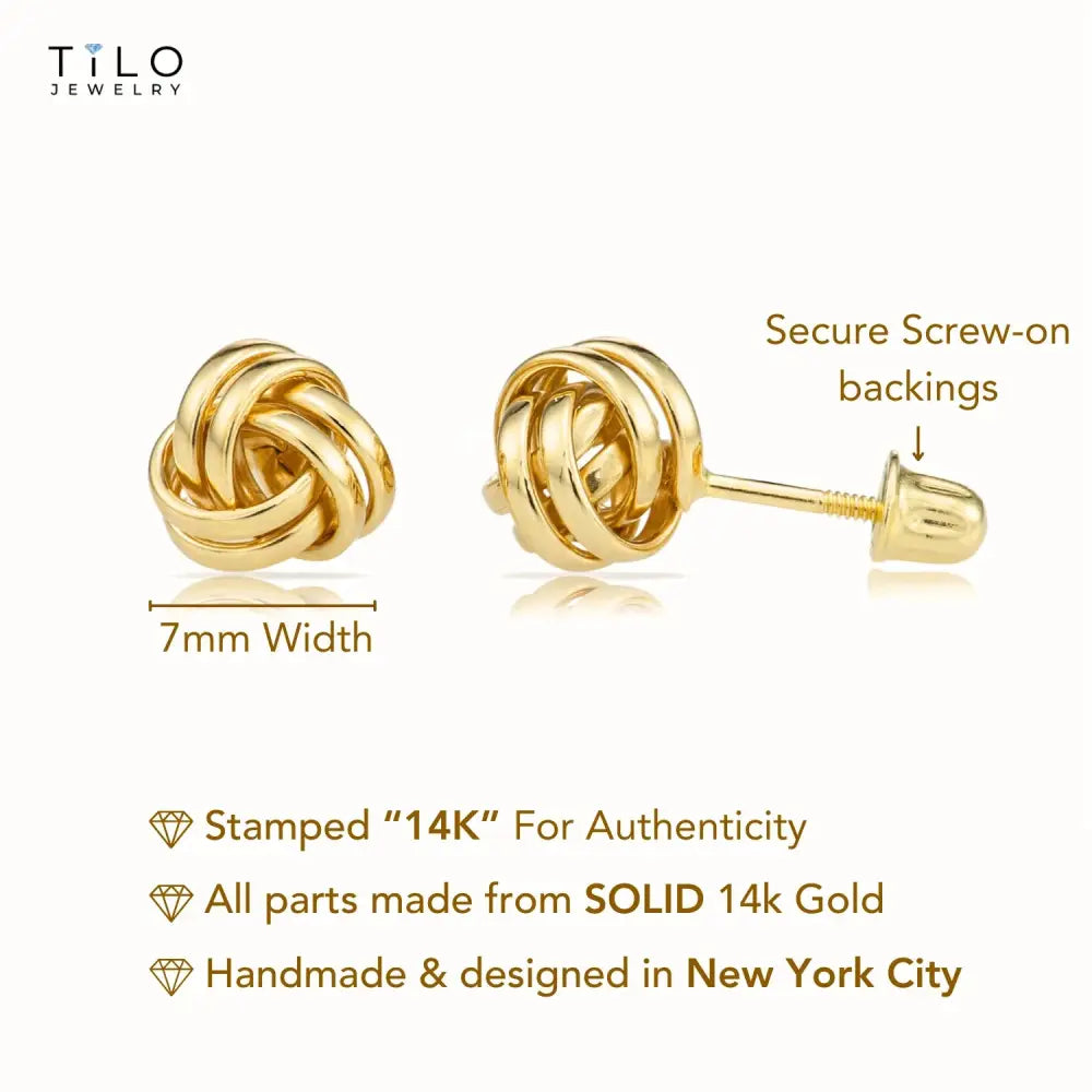14K Gold Polished Love Knot Stud Earrings with Screwbackings, 7Mm