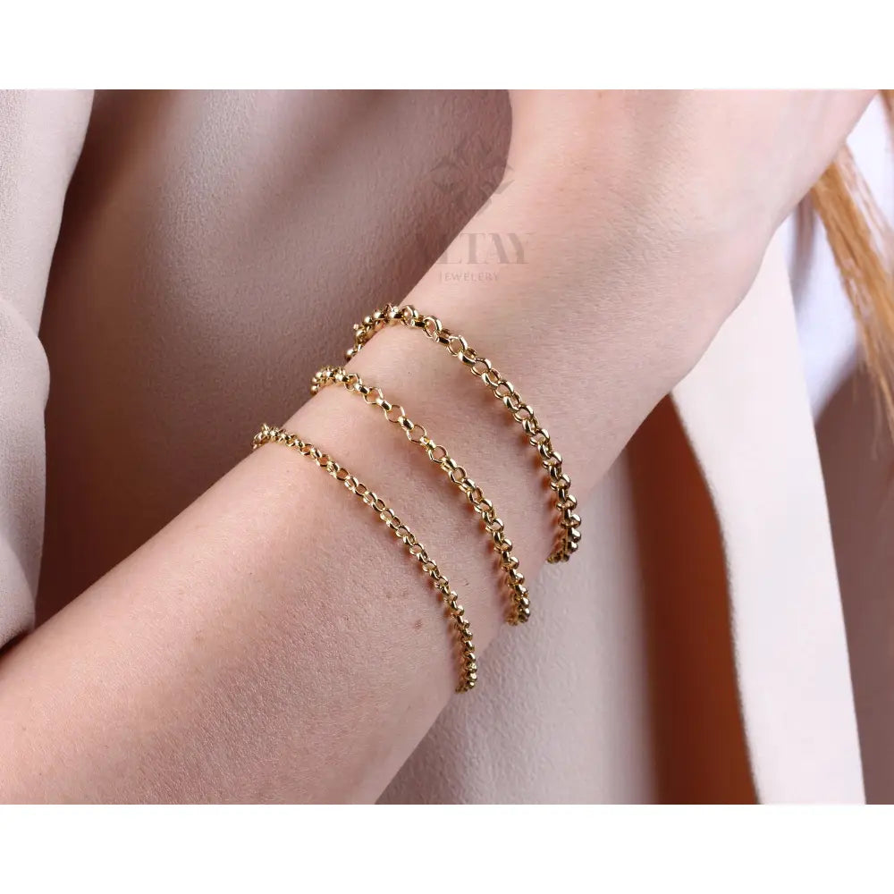 14K Gold Rolo Chain Bracelet, 3Mm 4Mm 5Mm Gold Link Belcher Chain Bracelet, Link Charm Bracelet, Minimal Delicate round Bracelet, Woman, Men