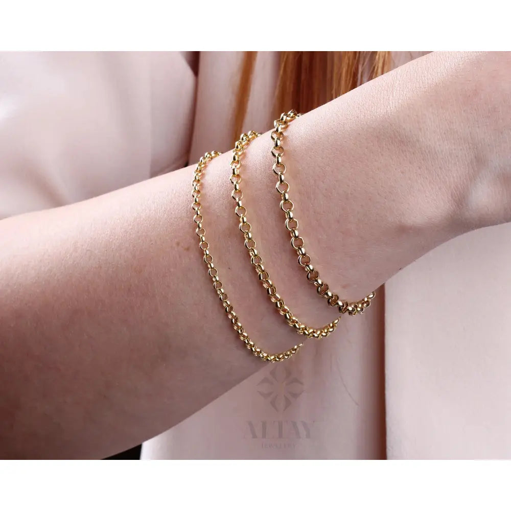 14K Gold Rolo Chain Bracelet, 3Mm 4Mm 5Mm Gold Link Belcher Chain Bracelet, Link Charm Bracelet, Minimal Delicate round Bracelet, Woman, Men