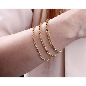 14K Gold Rolo Chain Bracelet, 3Mm 4Mm 5Mm Gold Link Belcher Chain Bracelet, Link Charm Bracelet, Minimal Delicate round Bracelet, Woman, Men