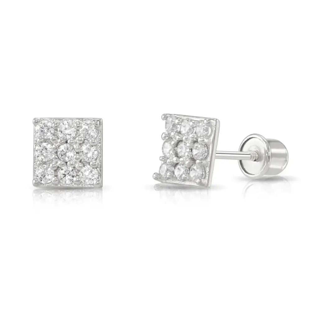 14K Gold Square CZ Stud Earrings, Screwback
