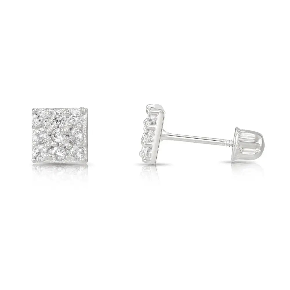 14K Gold Square CZ Stud Earrings, Screwback