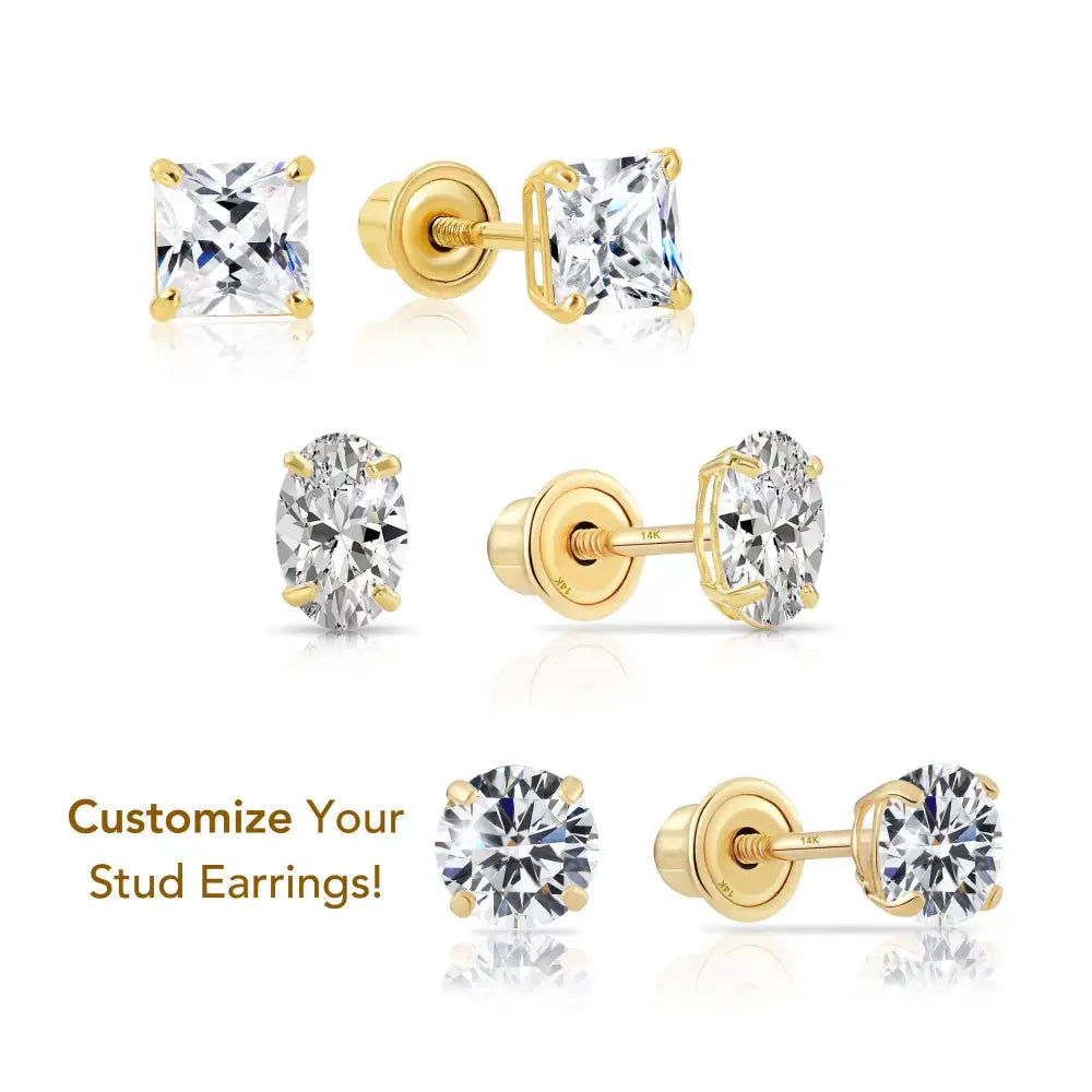 14K Gold Stud Earrings, round Brilliant-Cut, Square Princess-Cut, Oval-Cut, Sparkling CZ Studs, with Screw Backings, Unisex, by TILO Jewelry