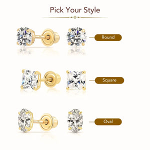 14K Gold Stud Earrings, round Brilliant-Cut, Square Princess-Cut, Oval-Cut, Sparkling CZ Studs, with Screw Backings, Unisex, by TILO Jewelry