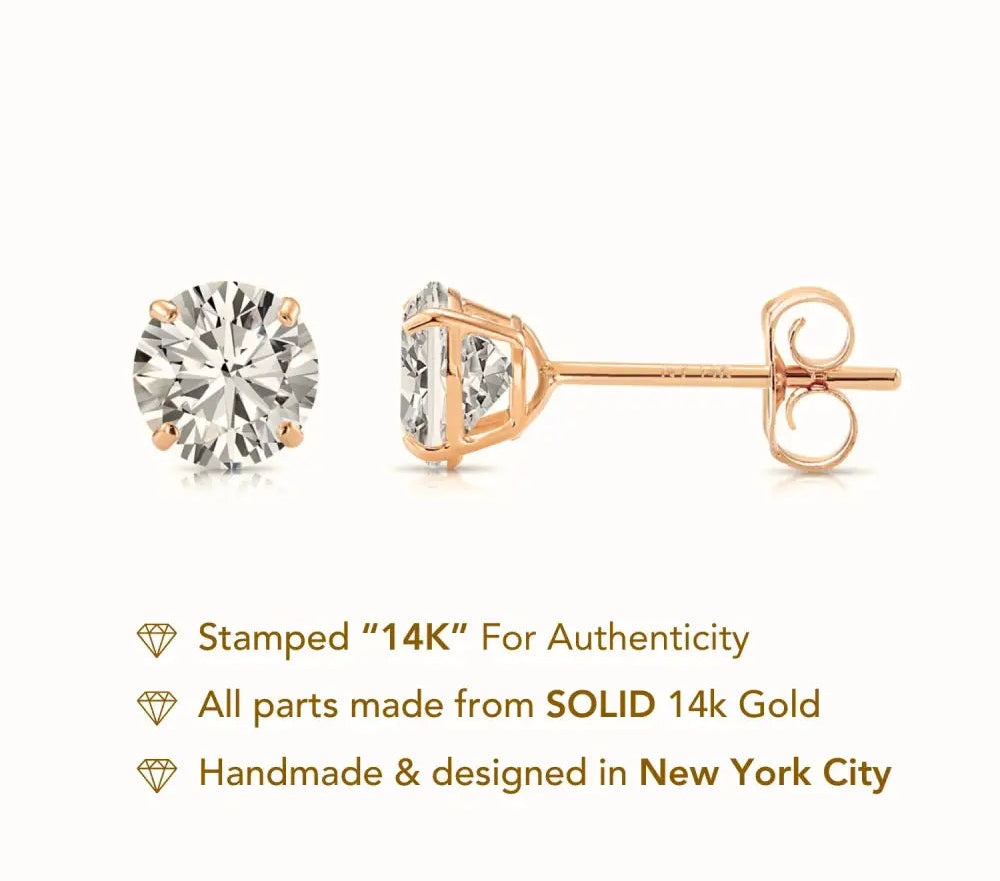 14K Rose Gold Zirconia Solitaire Stud Earrings, Pushback