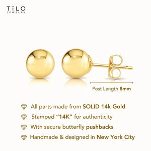14K Solid Gold Ball Stud Earrings, Classic round Ball Studs, with Secure Butterfly Pushbacks, 3Mm, 4Mm, 5Mm, 6Mm, 7Mm, 8Mm, by TILO Jewelry