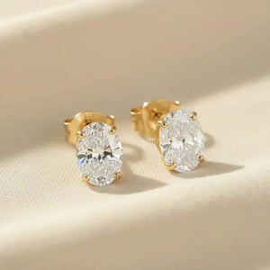 14K Solid Gold Basket Set Oval CZ Stud Earrings, with Pushbacks