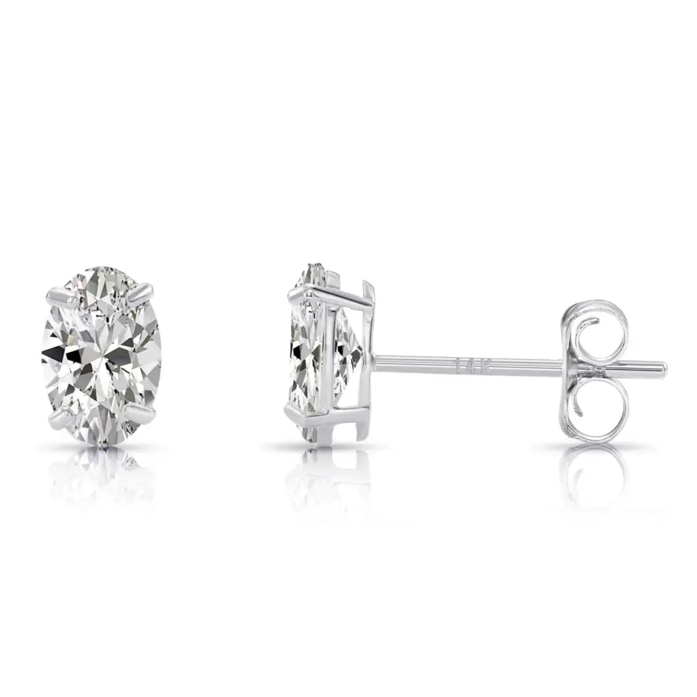 14K Solid Gold Basket Set Oval CZ Stud Earrings, with Pushbacks