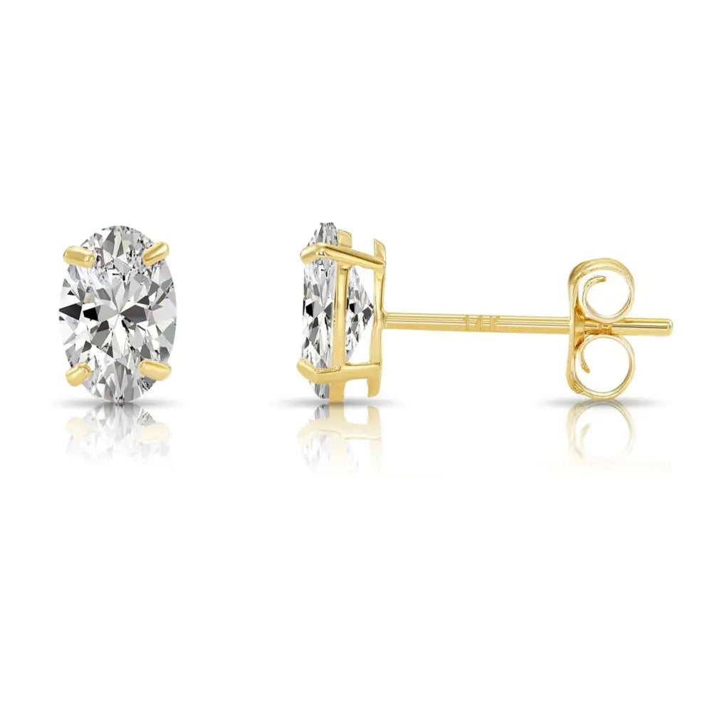 14K Solid Gold Basket Set Oval CZ Stud Earrings, with Pushbacks