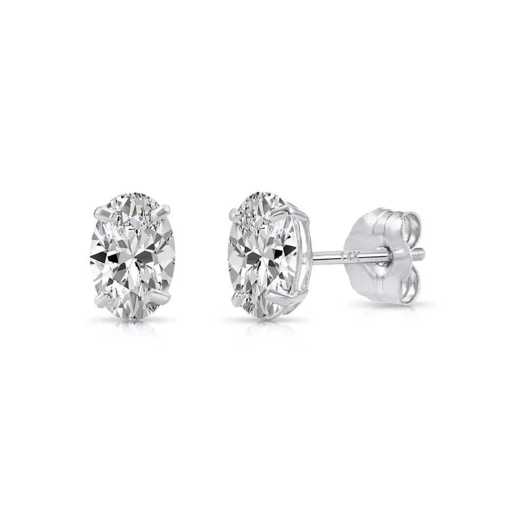 14K Solid Gold Basket Set Oval CZ Stud Earrings, with Pushbacks