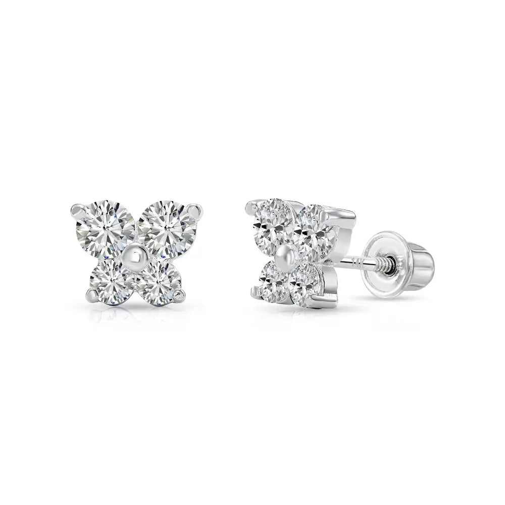 14K Solid Gold Butterfly CZ Stud Earrings, with Secure Screw-Backs