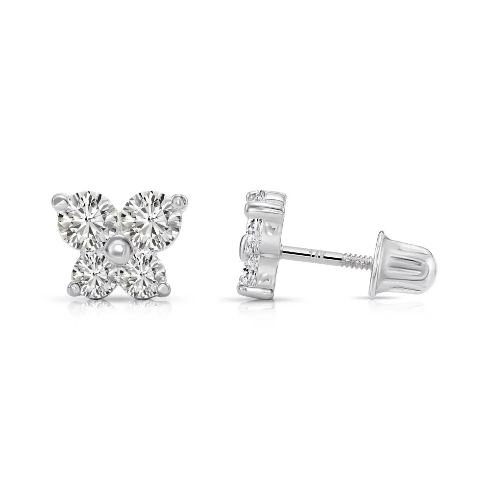 14K Solid Gold Butterfly CZ Stud Earrings, with Secure Screw-Backs