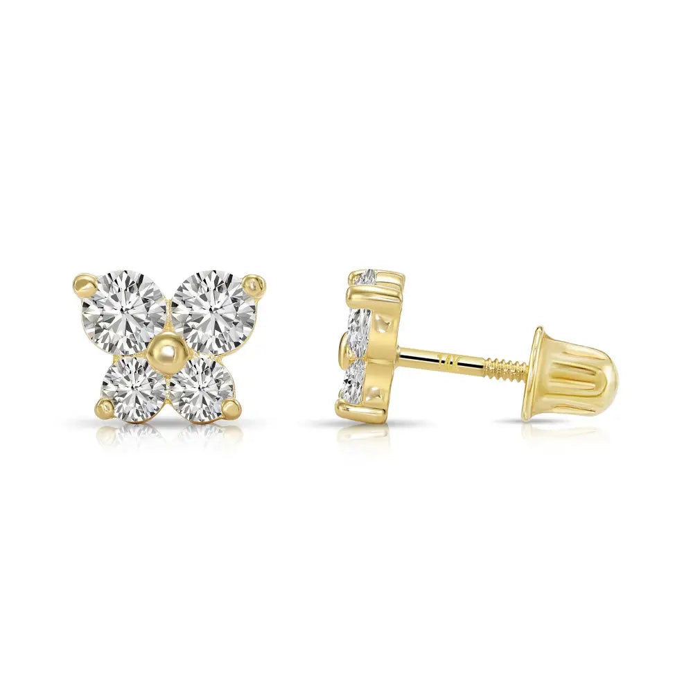 14K Solid Gold Butterfly CZ Stud Earrings, with Secure Screw-Backs