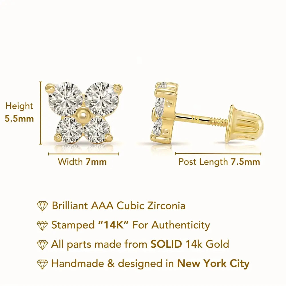 14K Solid Gold Butterfly CZ Stud Earrings, with Secure Screw-Backs