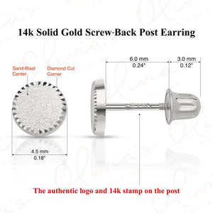 14K Solid Gold Circle Stud Earrings: Diamond Cut Sandblast Finish