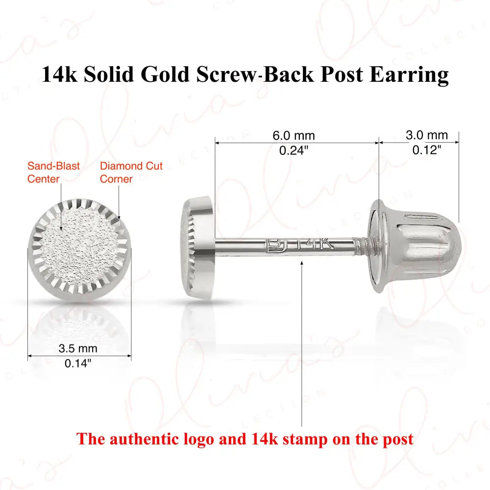 14K Solid Gold Circle Stud Earrings: Diamond Cut Sandblast Finish