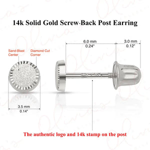 14K Solid Gold Circle Stud Earrings: Diamond Cut Sandblast Finish