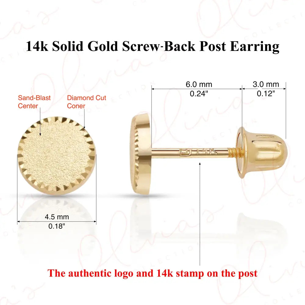 14K Solid Gold Circle Stud Earrings: Diamond Cut Sandblast Finish