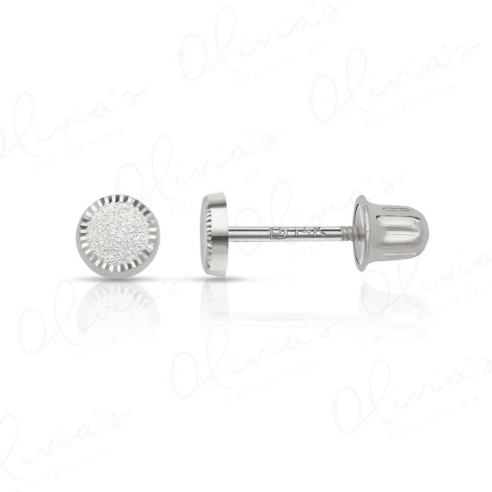 14K Solid Gold Circle Stud Earrings: Diamond Cut Sandblast Finish