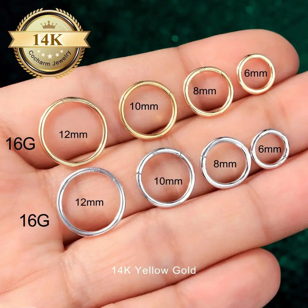 14K Solid Gold Clicker Hoop Earring - 16G Elegant Cartilage Helix Conch Nose Daith Huggie Hoop.