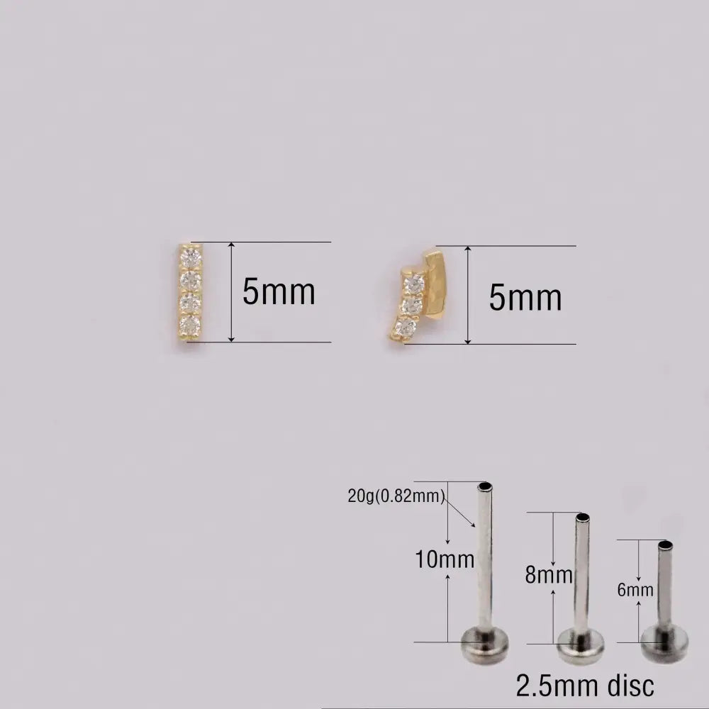 14K Solid Gold Curved Bar Cartilage Stud Earring - Flat Back Rectangle Design for Helix, Conch, Tragus & Labret.