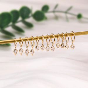 14K Solid Gold Dangle Charm Hoop Earring Dainty Drop Earring Dangle Rhombus Oval Dangling Charm Clicker Dangle Earring Cartilage Hoop 16G