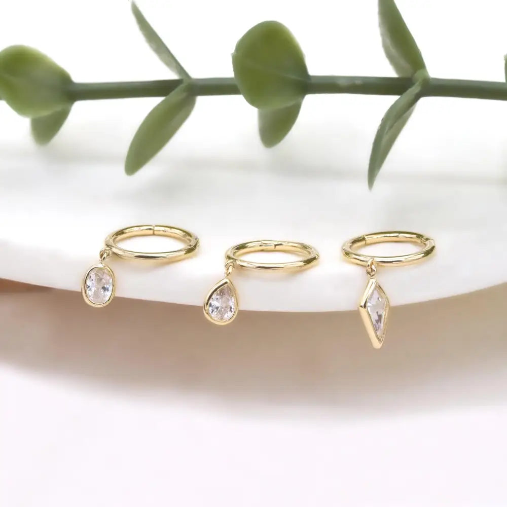 14K Solid Gold Dangle Charm Hoop Earring Dainty Drop Earring Dangle Rhombus Oval Dangling Charm Clicker Dangle Earring Cartilage Hoop 16G