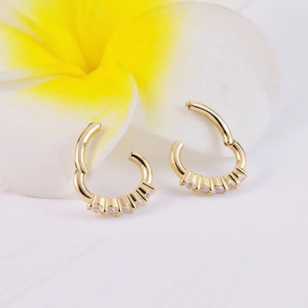 14K Solid Gold Diamond Oval Huggie Hoop Earring, Gold Hinged Segment Clicker, Clear CZ Rook Clicker Ring, Oval Seamless Belly Ring Clicker