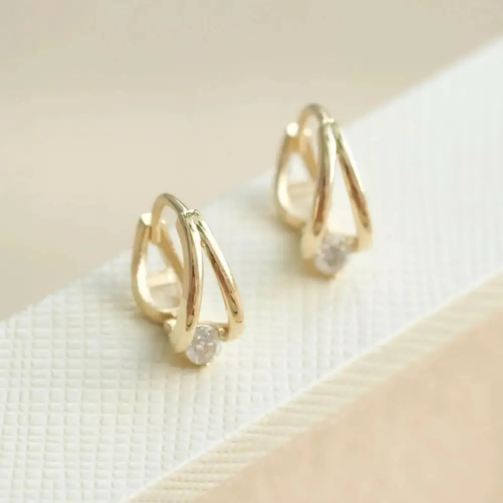 14K Solid Gold Double Circle Crystal Huggie Hoop Earrings - Elegant & Dainty for Everyday Glamour.