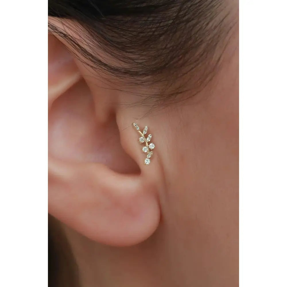 14K Solid Gold Leaf Cluster Stud Earrings – Elegant Nature-Inspired Design for Multiple Piercings.