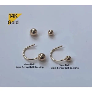 14K Solid Gold Light Weight Ball3Mm 4Mm Curved U Shaped Stud End Barbell Piercing, 21G
