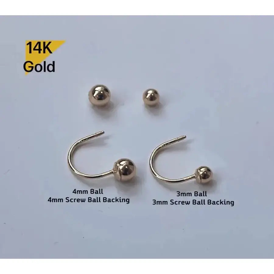 14K Solid Gold Light Weight Ball3Mm 4Mm Curved U Shaped Stud End Barbell Piercing, 21G