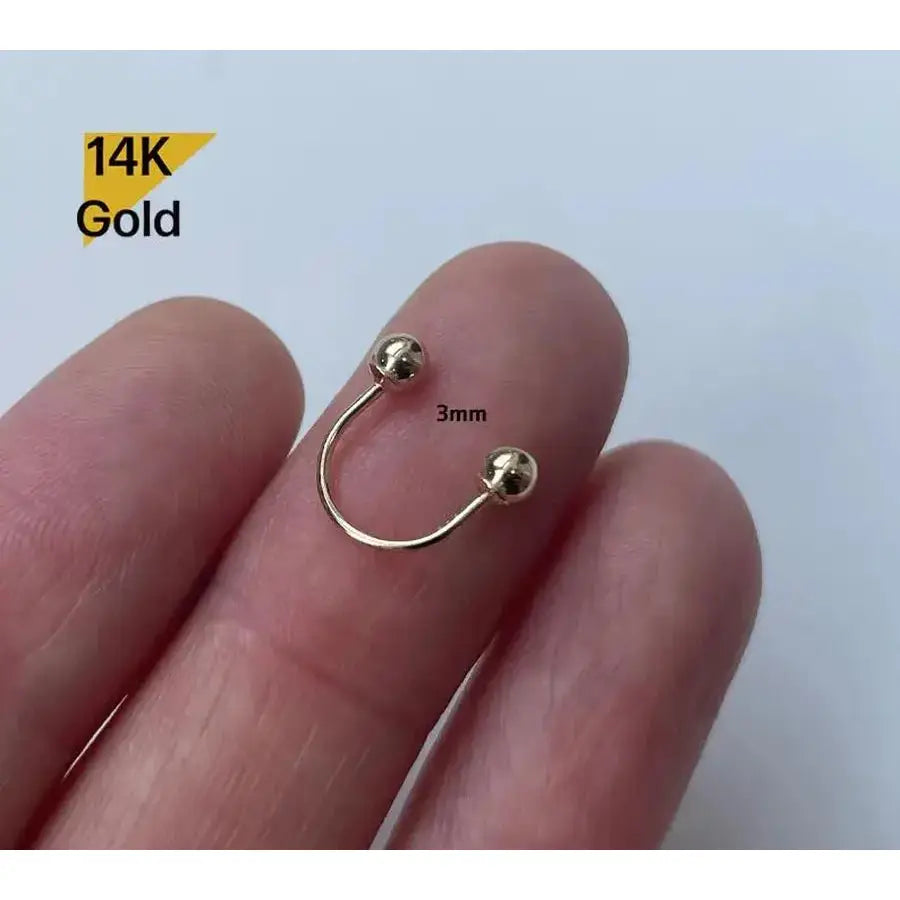 14K Solid Gold Light Weight Ball3Mm 4Mm Curved U Shaped Stud End Barbell Piercing, 21G