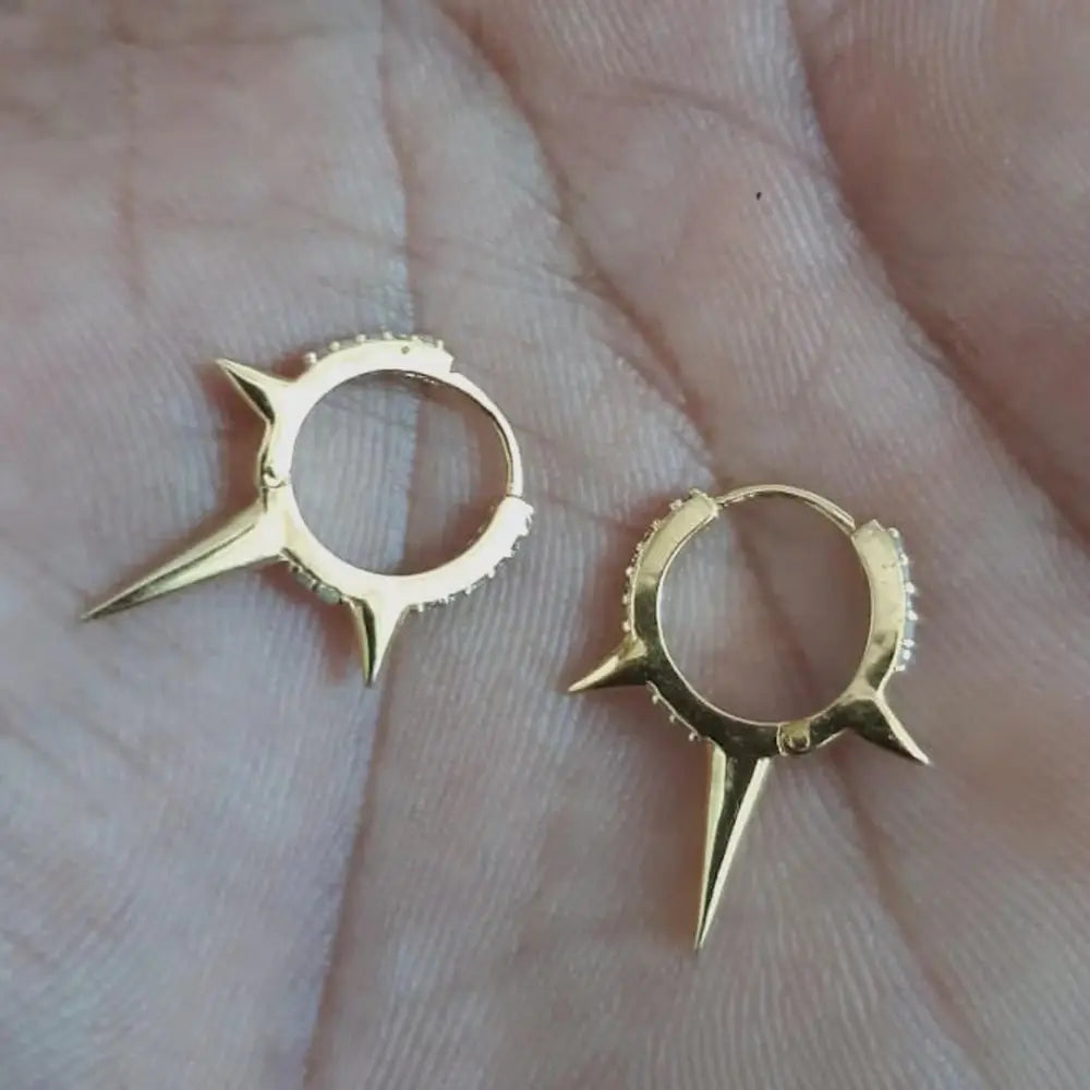 14K Solid Gold Pave Diamond Spike Huggie Earrings