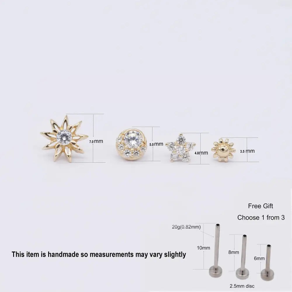 14K Solid Gold Tiny Cartilage Stud Earring - Elegant Conch Helix Tragus Push Back Design.