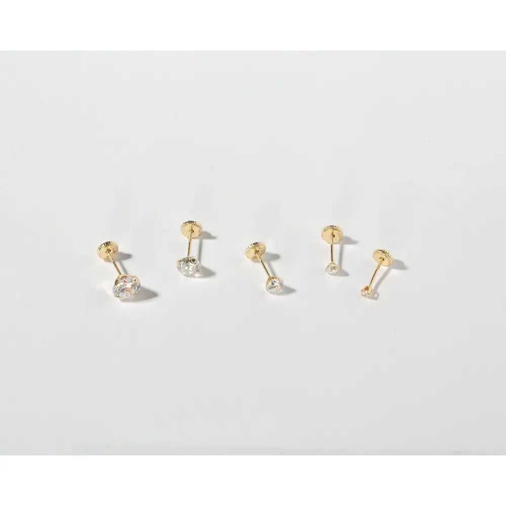 Dainty 14K Solid Gold Tiny Round CZ Diamond Screw Back Stud Earrings.