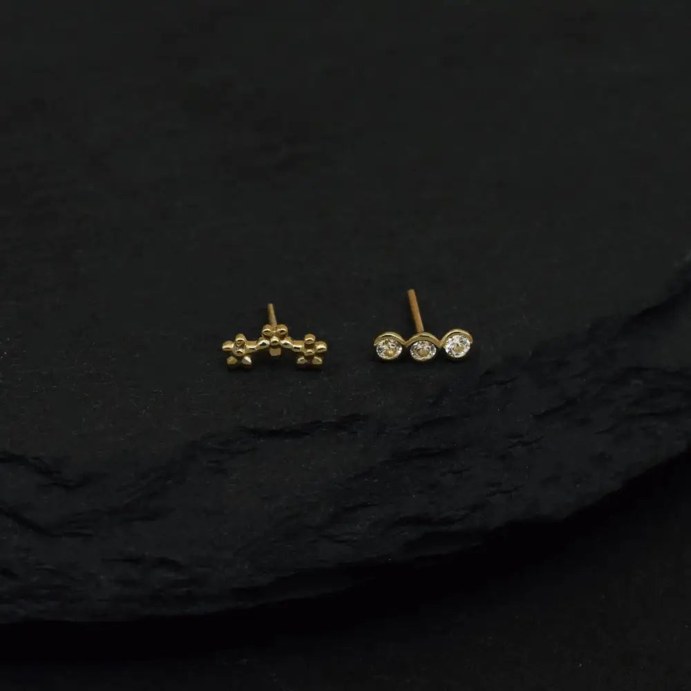 14K Solid Gold Trinity CZ Flat Back Stud, Dainty Flower Tragus Helix Cartilage Earring.